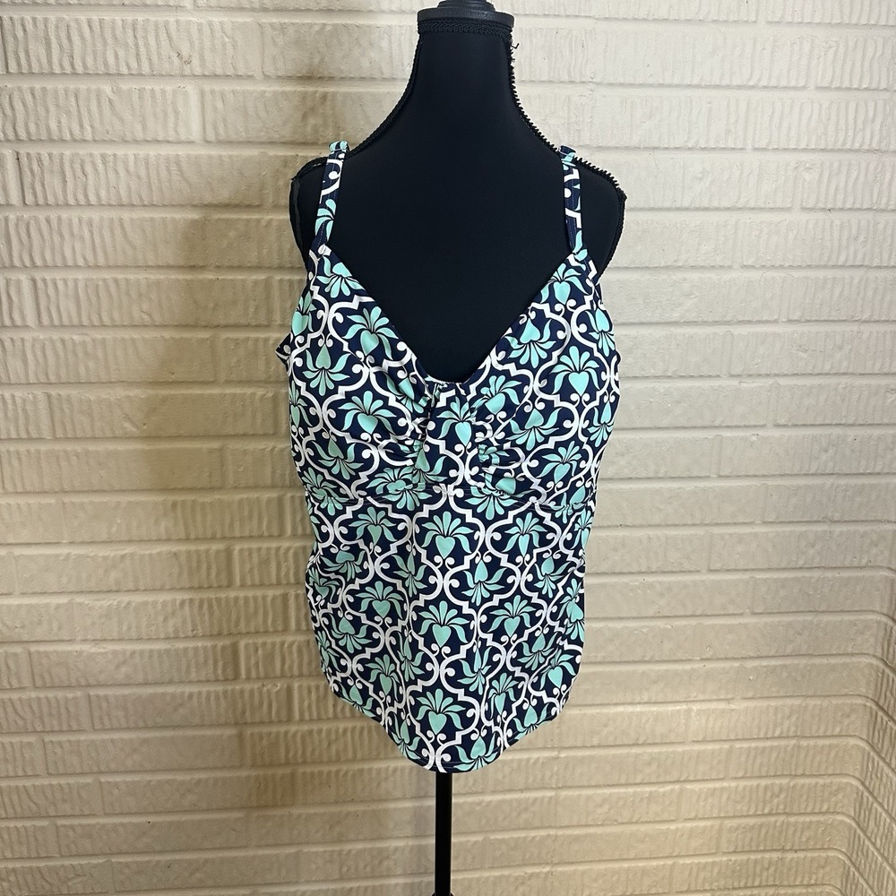 Lands End Tankini Swimsuit Top Size 24W Built‎ In Cups Blue Brown Damask Floral